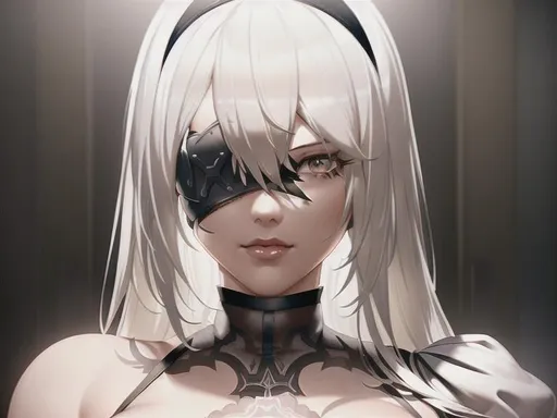 Prompt: Portrait,2B from NieR:Automata,white hair,black eyepatch,nude upper body,beautiful face,hyperrealistic,ultradetailed,hyperdetailed,proper face,octane render,4K,UHD,Cinematic lightning,bedroom background,detailed background