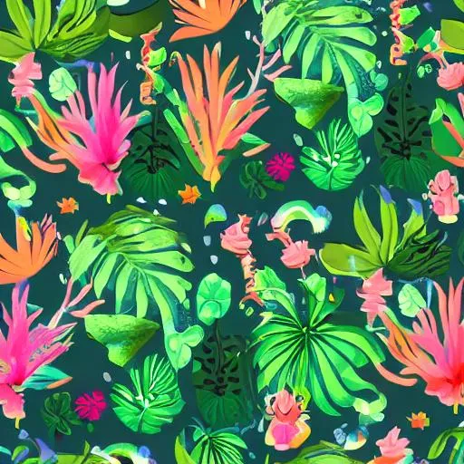 psychedelic creatures hiding in tropical flowers, le... | OpenArt