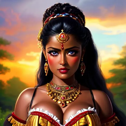 Prompt: masterpiece 18th century art of a dark skinned woman mix of salma hayek and amber heard as a tribal amazon, dark skin, bavarian, detailed background, cute dirndl corset, detailed face, crimson accent, lifelike, photorealistic painting, sharp focus, dramatic lighting, depth of field, dark fantasy, elegant, beautiful, intricate details, matte, art by Jeremy Lipking and Michael Ancher and Gustave Moreau and Jan Matejko and Ivan Shishkin and Alfons Mucha and John Singer Sargent