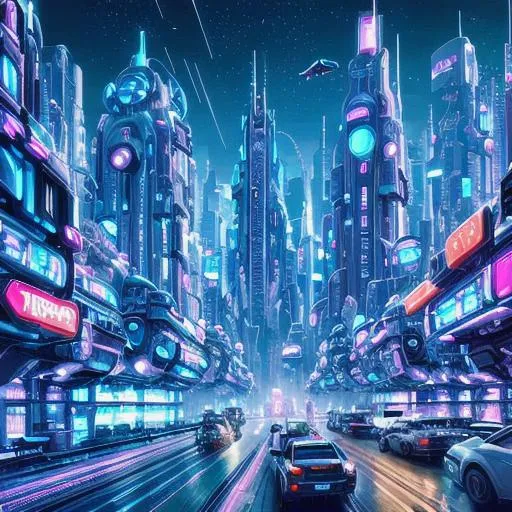 Prompt: A futuristic cityscape with flying cars and towering robots. The city is bathed in neon lights, and the sky is filled with stars. The scene is full of action and excitement, and the mood is one of wonder and awe.