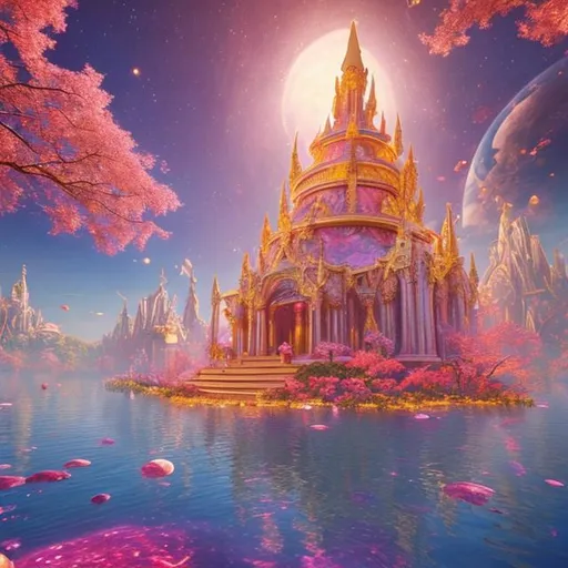 Prompt: A breath taking view of the  temple of the dream realm floating in the sunny sky surrounded by pink and gold cosmic dust beautiful colourful fantasy 