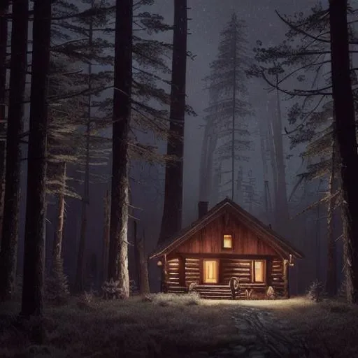 Prompt: A wooden cabin in the midst of a dark forest with a faint light coming from the window, nightfall, wendigo near 