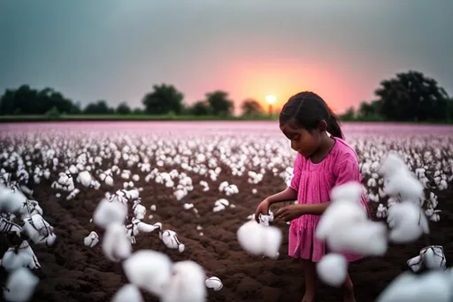 Prompt: sunset and little girl picking cotton in a cotton field while it's raining