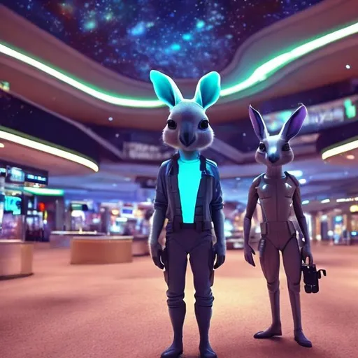 Prompt: Kangaroo security guards in a busy alien mall, widescreen, infinity vanishing point, galaxy background, surprise easter egg