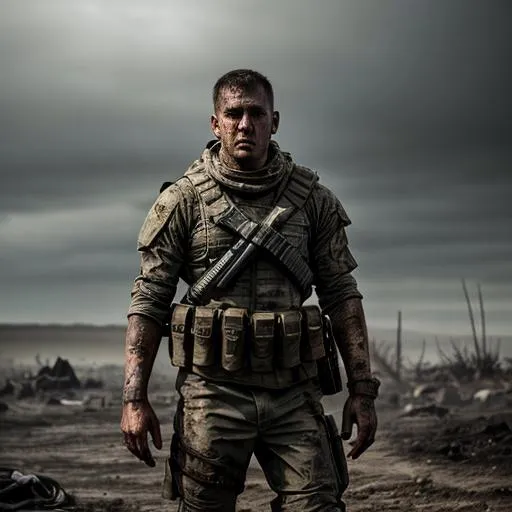 Prompt: full body marine, post apocalyptic battlefield, dirty, blood stained, weary, uhd, 4k, hyper realistic, 
