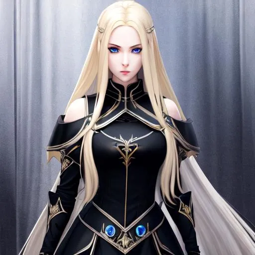 Prompt: Medival, Alice Nova Haviliard, female, 24, long bright blonde hair, pale skin, ice blue eyes, asymetric black dress, intimidating, big, skinny, slim