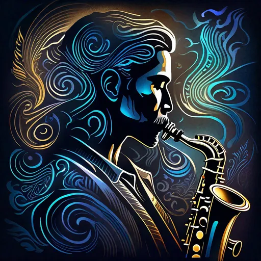 Prompt: very detailed super empath portrait, saxophone playing ,Digital illustration,  4k, calligraphy, hieroglyphs smooth lines, gradient fills, beautiful curves, flowing shadows, alternating light and shadow areas, shadows dancing in the rhythm of smoke