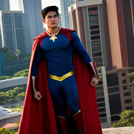 Prompt: Tall, young, and handsome filipino superhero with a cape