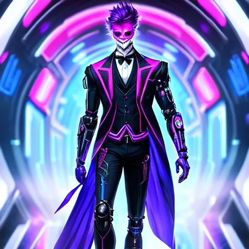 Prompt: elegant dressed, wearing a silk gilet, humanoid cyborg with blue pink and purple fire like long hairs, full body, male body, cyber face skull like, futuristic city background
