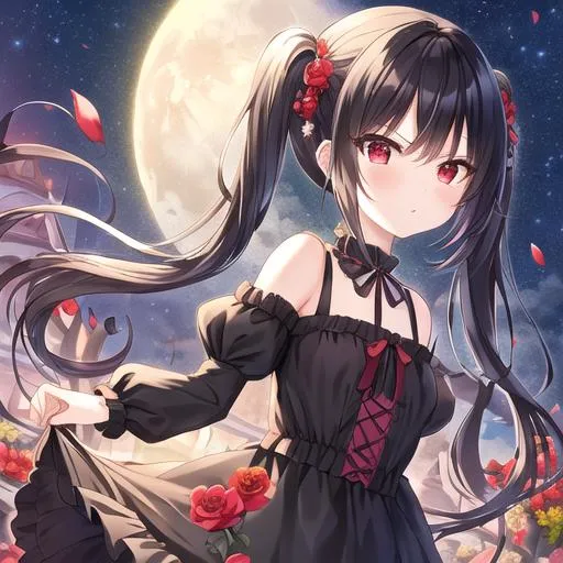 Prompt: (masterpiece, best quality:1.2), illustration, absurdres, highres, extremely detailed, 1 petite girl, black long hair, pigtail, red eyes, eye highlights, look mean, dress, short puffy sleeves, frills, outdoors, flower, fluttering petals, upper body, (moon:1.2), night, depth of field, (:d:0.8), chromatic aberration abuse,pastel color, Depth of field,garden of the sun,shiny,red tint,(Red fog:1.3)