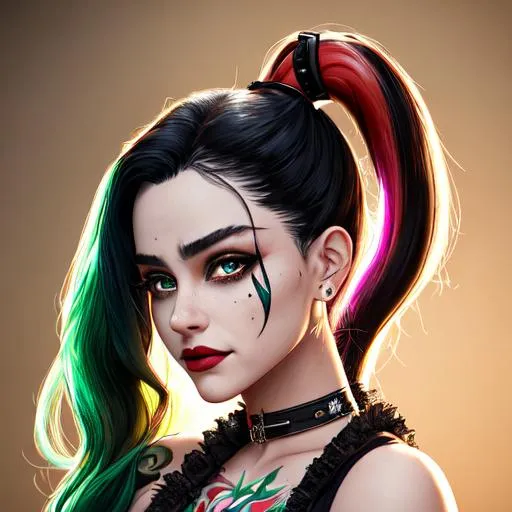 Prompt: (((masterpiece))), ((best quality)), (cowboy shot) hyper quality, refined rendering, extremely detailed CG unity 8k wallpaper, highly detailed, (super fine illustration), highres, (ultra-detailed), detailed face, perfect face, DC COMIC HARLEY QUINN ((black hair)) (green hyper detailed eyes) (extremely delicate and beautiful), stunning art, best aesthetic, twitter artist, amazing, high resolution, fine fabric emphasis, UHD, 