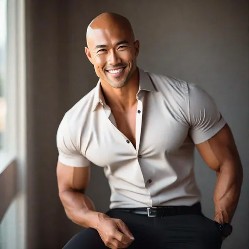 Prompt: Professional full-body photoshoot of a beautiful, attractive, pretty, tan, Asian, bald man wearing a short-sleeve button-up shirt, dark pants, symmetrical eyes, {defined shredded musculature, broad shoulders, wide back, wide chest}, smoldering sultry smile, center frame, bright light, intricate detail, best quality, uhd, 4k, symmetry  