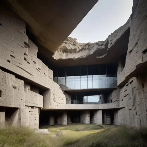 Prompt: a research facility carved into a cliff side, brutalist architecture