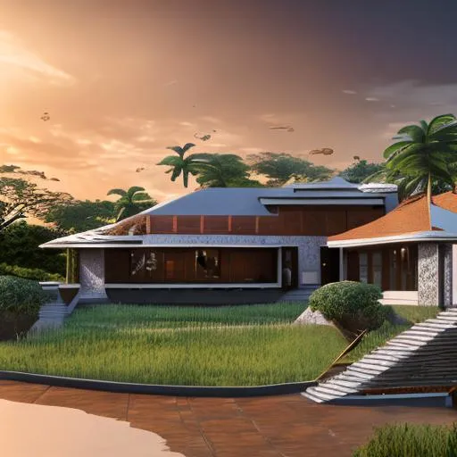 Prompt: modern design of beautiful detailed  2 story family house with a diamond and copper roof and intricate and artistic congolese minerals details with elements of modernised precolonial Congolese inspiration kinshasa, volumetric natural light wakanda style, cinematic light, ultra realistic, vray, far view, perspective landscape