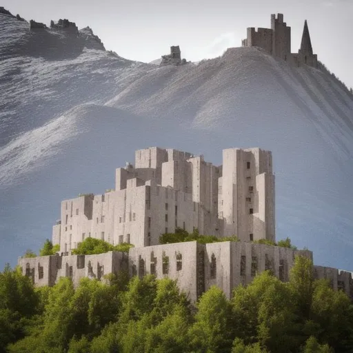 Prompt: several small castles on the side of a Mountain, brutalist architecture, city 