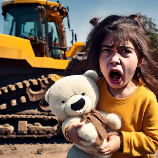 Prompt: an angry girl holding a teddybear is stopping a bulldozer
