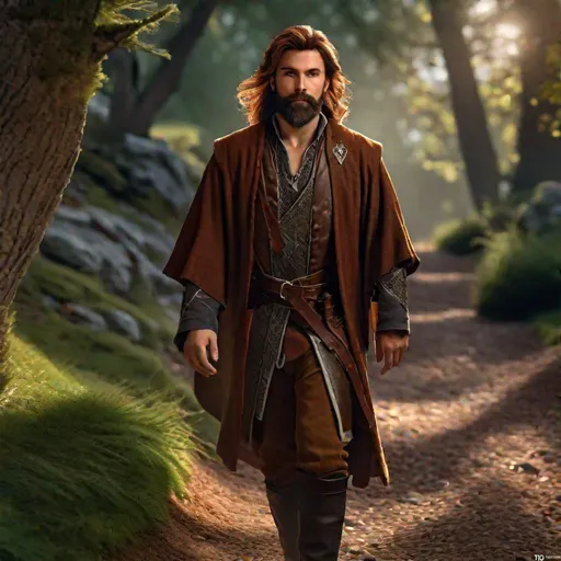 Prompt: D&D mage,  chestnut hair,  walking down a trail, highly detailed, professional, render, Sharp focus, HD, UHD, HDR, hyper realistic, beardless