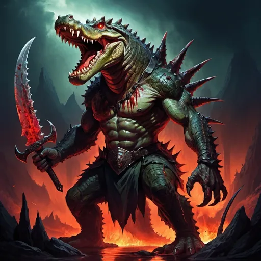 Prompt: Fantasy illustration of an the male archdemon of war, giant four armed crocodile-man, carrying weapons, red glowing eyes, four arms, swords, sharp teeth, blood stained, four arms with swords, glorifying pose, on a dark battlefield, vibrant colors