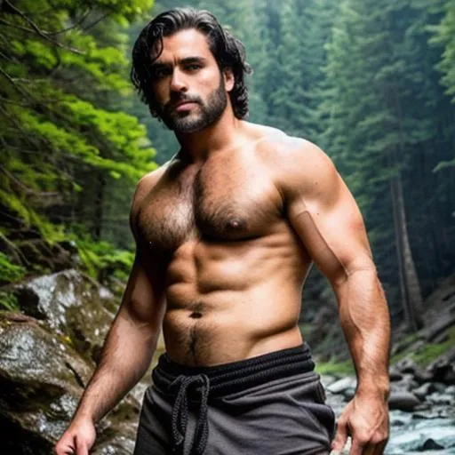 Prompt: full body of handsome warrior alert hunk cute boy with black hair and with rugged ((sideways face)) , edge of cliff, night, reflection, very hairy chest and armpits, magical forest, dense river, dhot, arena, perfect composition, hyperrealistic, super detailed, 8k, high quality, trending art, trending on artstation, sharp focus, studio photo, intricate details, highly detailed, by greg rutkowski