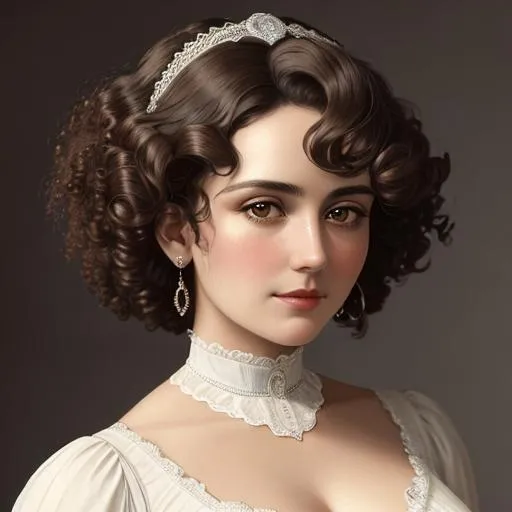 Prompt: An attractive 35 year old woman with very curly hair, elegant, Victorian era, 19th century, facial closeup