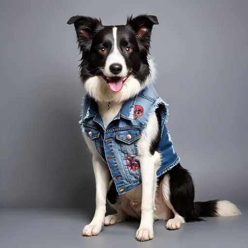 Prompt: border collie wearing a heavy metal music denim vest