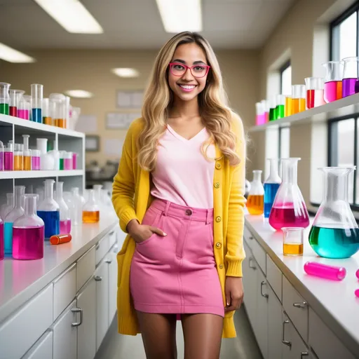 Prompt: High resolution photo of a tall, very lean and slender Hispanic young woman with long blonde hair. She’s wearing a bright yellow cardigan over a white top, a pink skirt, and pink high-heeled boots. She has oversized round glasses and a cheerful, upbeat smile. Set her in a colorful chemistry lab, surrounded by beakers and flasks filled with vibrant liquids.”