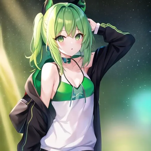 Prompt: Green hair, hd, fantasy, 8k, green eye, beautiful, cool girl, flat, hoodie, headphone 