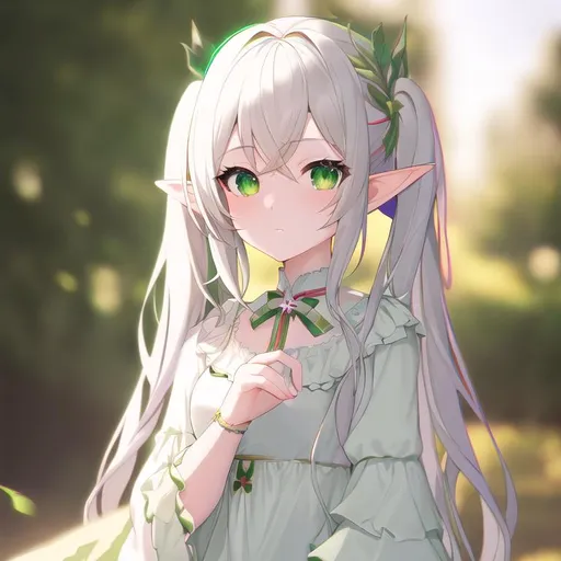 Prompt: (masterpiece, best quality:1.2), illustration, absurdres, highres, extremely detailed, 1 elf girl, white long hair, double pigtails, green eyes, eye highlights, white dress, 
 chromatic aberration abuse, pastel color, Depth of field