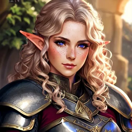 Prompt: dnd, elf, portrait, curly hair, female, Illustration, heavy armor, full chestplate, scars, freckles, paladin