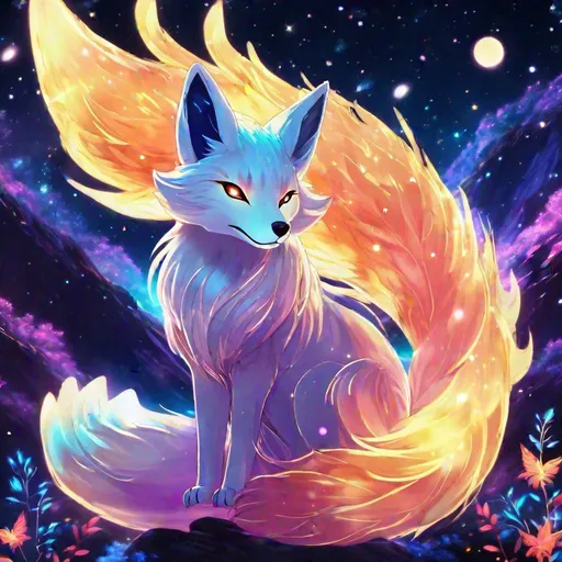 Prompt: A colorful translucent kyūbi no kitsune that is glowing, nebula, glitter, in the den, beneath the stars, bioluminescent, highres, best quality, concept art