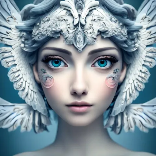 Prompt: face owl eyes goddess woman beautiful young, flower hair, smooth skin, background fade, beautiful, light blue gray background, serene, ethereal, white ambience