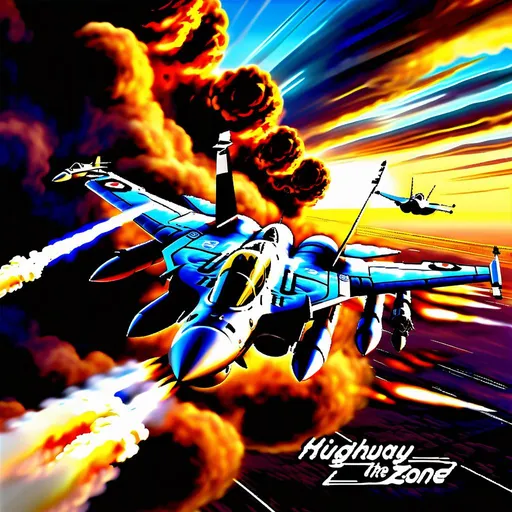 Prompt: Subject: "Highway to the Danger Zone"
Descriptions: Fighter planes soaring, sleek and powerful, leaving trails of exhaust in the sky. Dynamic aerial maneuvers, intense dogfights, adrenaline-filled action.
Environment: Vast open sky, clouds swirling, sun setting in a fiery explosion of colors.
Mood/Feelings: Thrill, danger, excitement, urgency, patriotism.
Artistic Medium/Techniques: Digital illustration, bold color palette, strong contrasts, meticulous attention to detail.
Artists/Illustrators/Art Movements: Tom Cruise, Top Gun movie poster, 80s retro aesthetic, vaporwave, propaganda art.
Camera Settings: High-resolution digital camera, vibrant saturation, wide-angle lens.