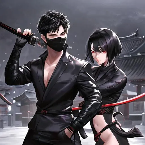 Prompt: handsome young man and beautiful young women with short black hair, dressed like a ninja, black outfit, black face mask, belt on hip, holds two samurai katanas, monastery setting, photorealistic nighttime photo, dark, depth, hyperrealism, hyperdetail, sharp, 8k, UHD, high facial detail, synthetic