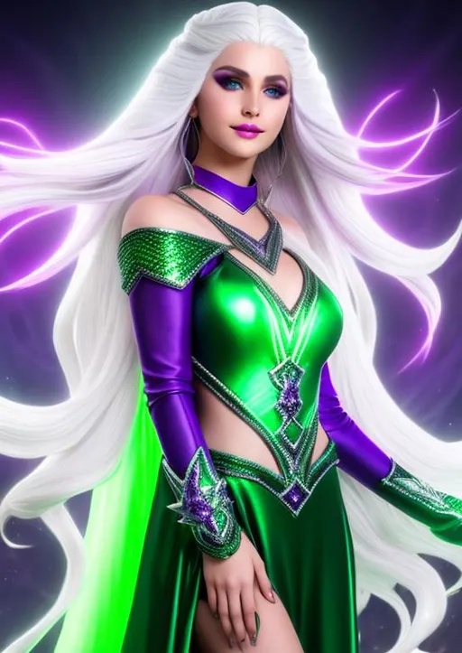 Prompt: High-resolution hyperrealistic photo of clea-the-sorceress-supreme merged with amora-the-enchantress, {platinum-blond hair}, purple and green costume, photorealistic, highly detailed, uhd, hdr, 64k