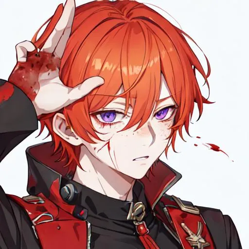 Prompt: Erikku male adult (short ginger hair, freckles, right eye blue left eye purple)  UHD, anime style, covered in blood, psychotic, covering his face with his hands