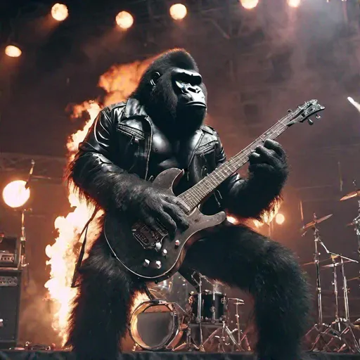 Prompt: ultrarealistic_ angry humanoid  gorilla drummer in goth metal band_wearing leather jacket
 and chains_playing music on stage_cenimatic long shot 4k_fire on stage