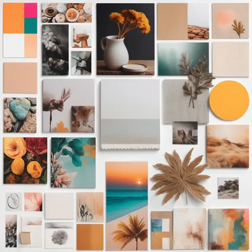 Prompt: Mood board concept, a captivating collage of vibrant images, textures, and colors, serene ambiance, soft lighting, showcasing elements of inspiration and creativity, arranging visual harmony, blending modern aesthetics with artistic flair, evoking feelings of peace and motivation, high quality, ultra-detailed, a visual storytelling masterpiece on a clean canvas, inviting exploration and imagination.