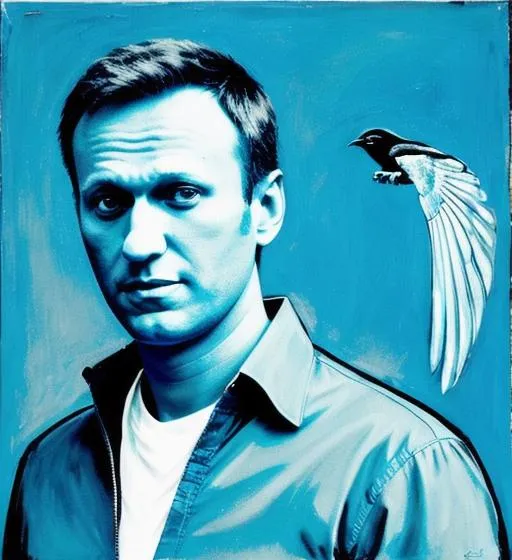 Prompt: Alexei Navalny, bird wing, political prisoner, protest, cerulean, blue, celadon, Banksy, Navalny