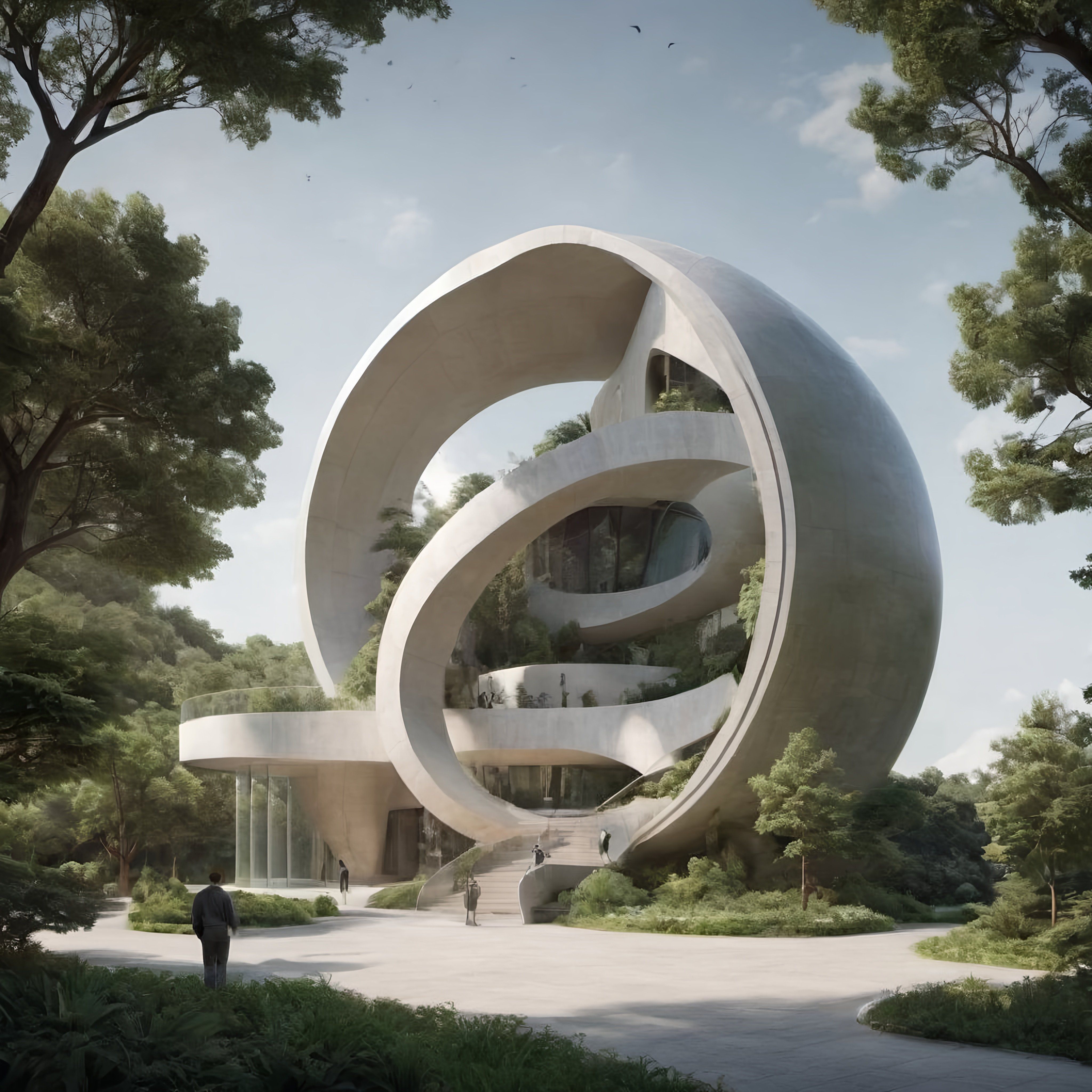 Prompt: a building with a spiral design on it's side and trees surrounding it