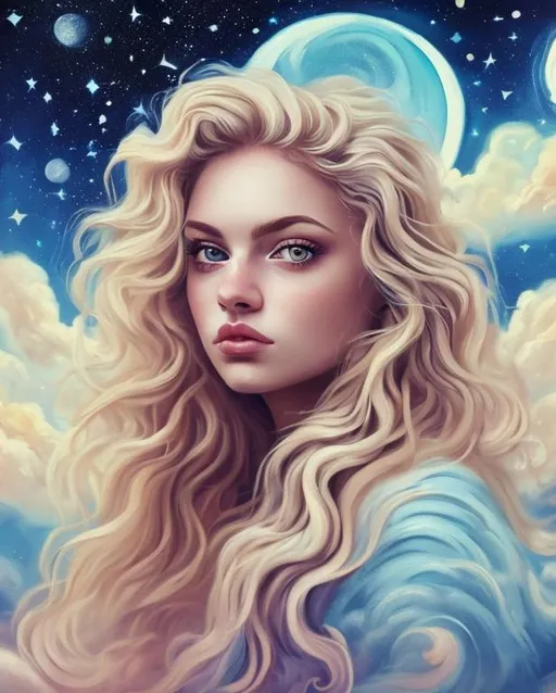 Prompt: woman blonde blue eyes sky moon clouds stars space oil painting open hair aesthetics wavy hair flowers