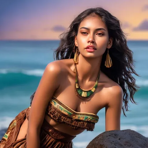 Prompt: professional modeling photo live action human woman hd hyper realistic beautiful polynesian woman black wavy hair brown skin light brown eyes beautiful face traditional island  dress with jewelry enchanting polynesian beach hd background with live action ocean at sunset