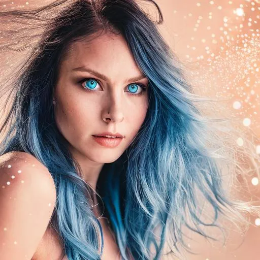 Prompt: Woman with  skin, blue eyes, and long, flowing, dark blue hair
