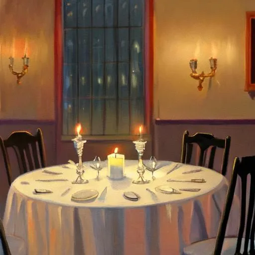 Prompt: A painting of a table set for a candlelit dinner at night