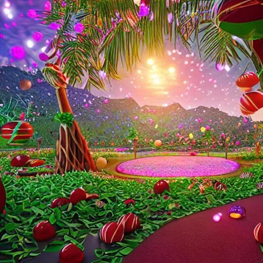 Prompt: Paradise in heaven, Vivid, V-Ray Lighting, Reflections, Refraction, Intricate Details, Realistic, Sharp, Octane Render, UHD, 4K, 8K, pastel colors, chocolate fountain, candy drop trees, beautiful, candy canes, syrup lale, waffle cone mountains, kit cat road

