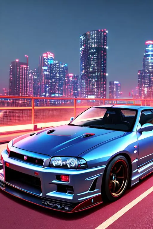 Prompt: Nissan skyline R34 GTR turn into robot, colorfull, makoto shinkai style, HD, 8k resolution, high quality, trend at artstation, night time