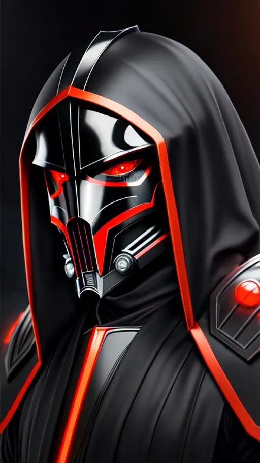 Prompt: Portait Sith Lord with black hair and a forelock in the middle, black metal armor, mask over mouth and nose, red eyes and dark orange, photorealistic picture, detailed, realistic photo, dramatic lighting,