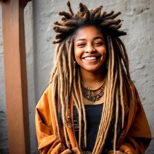 Prompt: Gorgeous smiling caramel coloured  Queen
With black tidy dreadlocks in regalia