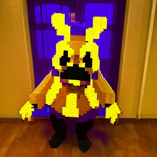 Prompt: yellow rabbit costume with a purple bowtie pixelated fnaf
