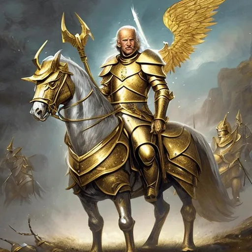 Prompt: joseph biden as a mythical golden knight in shining armor