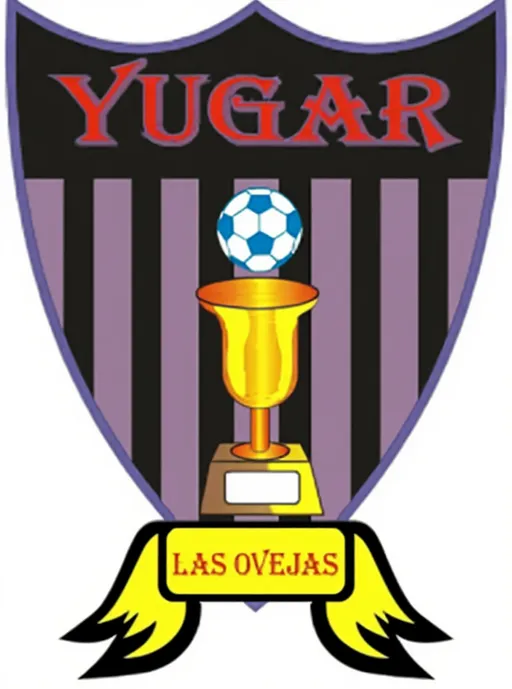 Prompt: This image is a digital drawing of a sports shield emblem. The shield has a black border with a purple and black vertical striped background. At the top of the shield, the word "YUGAR" is prominently displayed in large, bold, red letters with a slight 3D effect. Centered on the shield is a golden trophy with a blue and white soccer ball perched on top of it. The trophy has a shiny, metallic texture and a rectangular white plaque at its base. Below the shield, there is a yellow ribbon with black wing-like ends, and the text "LAS OVEJAS" is written in bold, red letters on the ribbon. The overall style of the drawing is colorful and cartoon-like, with a focus on bold, contrasting colors and simple shapes. The design elements are symmetrical and centered, giving the emblem a balanced and cohesive look. The background of the image is plain white, making the colorful shield and text stand out prominently.